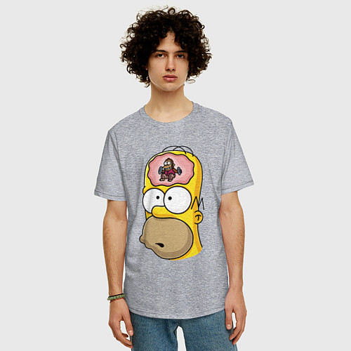 Мужская футболка оверсайз Мартышка бьёт в тарелки в голове Гомера Симпсона / Меланж – фото 3