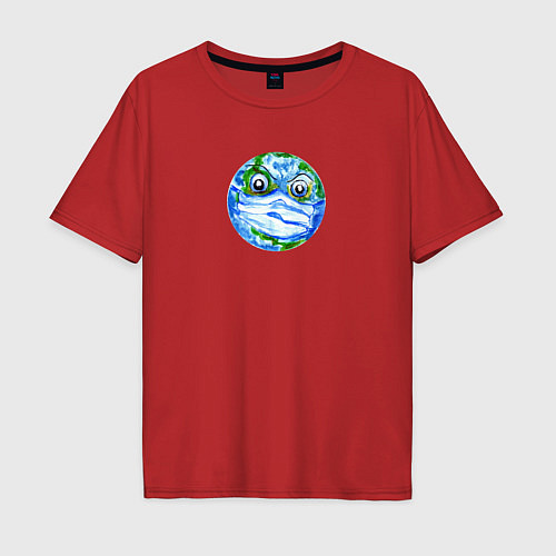 Мужская футболка оверсайз Злая планета Земля в маске рисунок / Красный – фото 1