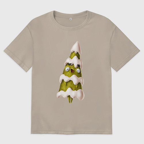 Мужская футболка оверсайз Удивленная елочка в снегу / Миндальный – фото 1