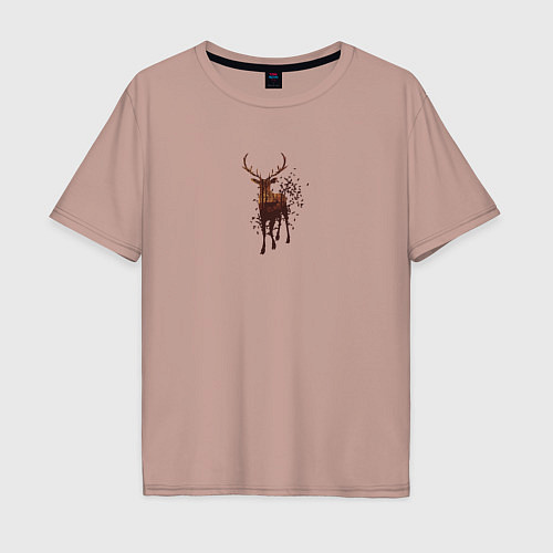 Мужская футболка оверсайз Осенний лес в силуэте идущего оленя / Пыльно-розовый – фото 1