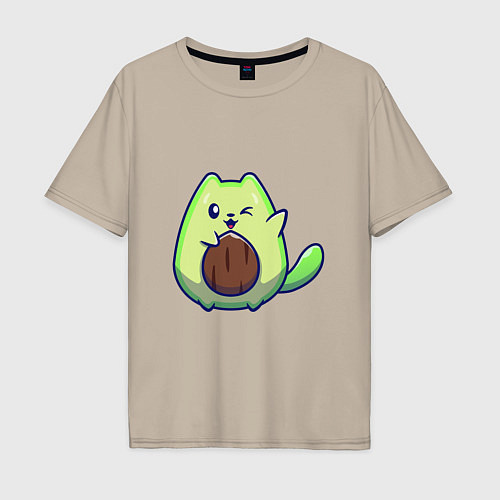 Мужская футболка оверсайз Avocado green cat / Миндальный – фото 1