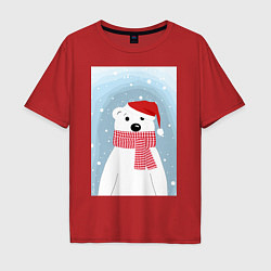 Футболка оверсайз мужская Мультяшный белый медведь в красной шапке с шарфом, цвет: красный