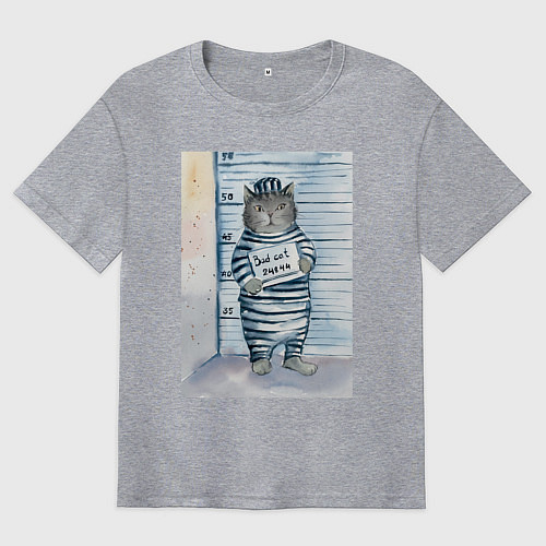 Мужская футболка оверсайз Акварельный рисунок плохой кот / Меланж – фото 1