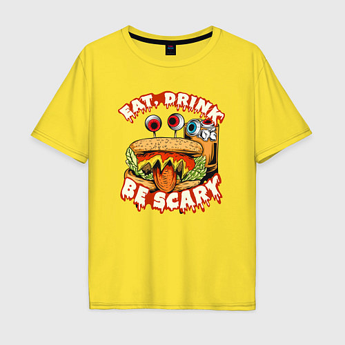 Мужская футболка оверсайз Бутерброд и напиток Ешь, пей, бойся / Желтый – фото 1