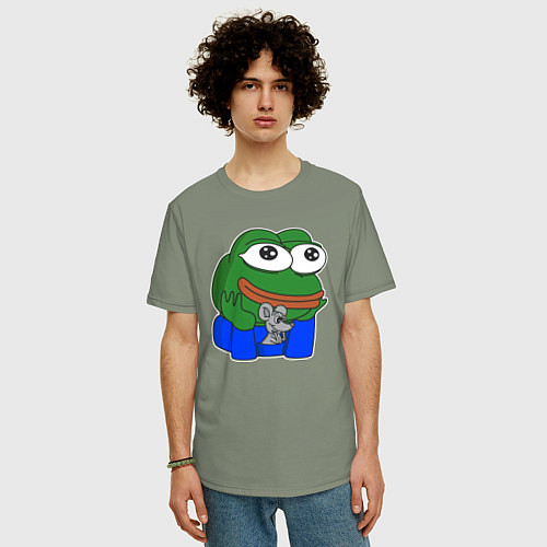 Мужская футболка оверсайз Лягушонок Пепе с мышкой внимательно слушает / Авокадо – фото 3