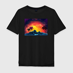 Футболка оверсайз мужская Пляж и пальмы абстрактный ретро дизайн, цвет: черный