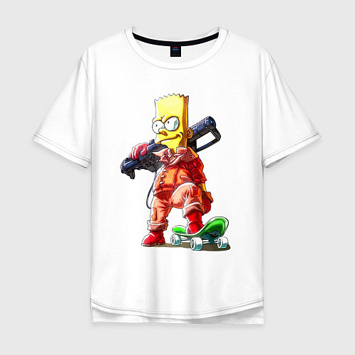 Мужская футболка оверсайз Крутой Барт Симпсон с оружием на плече и скейтборд / Белый – фото 1
