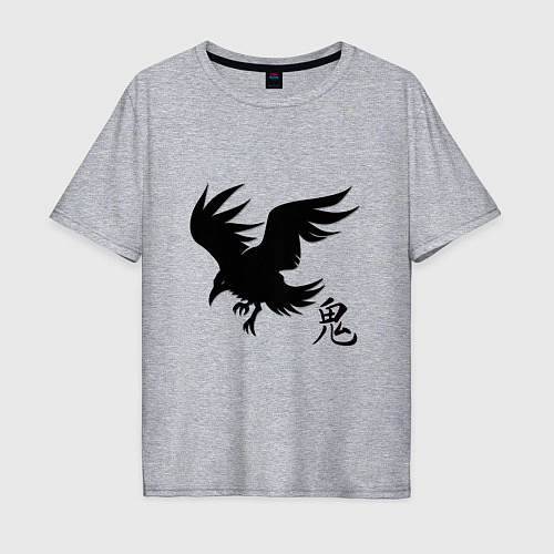 Мужская футболка оверсайз Ворон с иероглифом / Меланж – фото 1