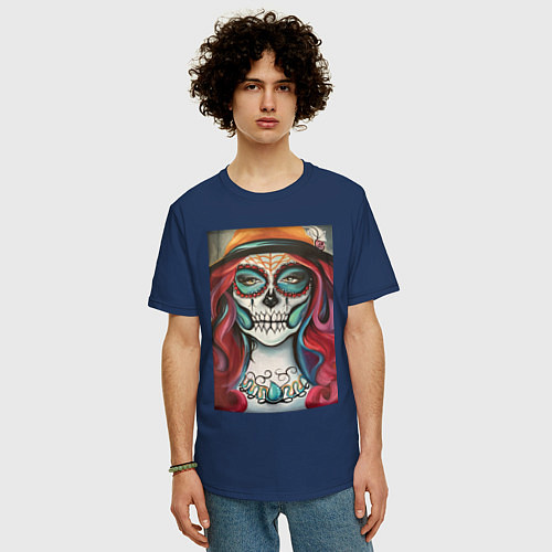 Мужская футболка оверсайз Santa muerte картина в цвете / Тёмно-синий – фото 3