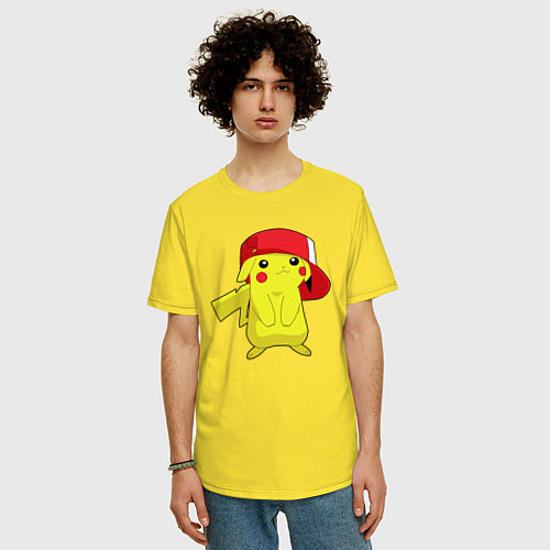 Мужская футболка оверсайз Пикачу в крутой кепке, арт / Желтый – фото 3