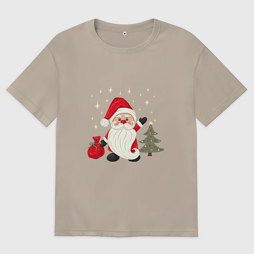 Мужская футболка оверсайз Дед Мороз с подарками Новый год / Миндальный – фото 1