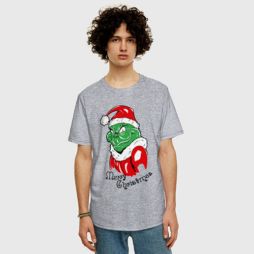 Мужская футболка оверсайз Santa Claus Grinch - merry Christmas / Меланж – фото 3