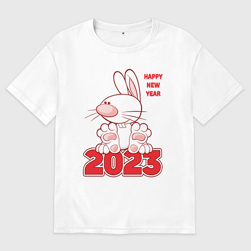 Мужская футболка оверсайз Happy New Year, 2023, кролик сидит на цифрах / Белый – фото 1