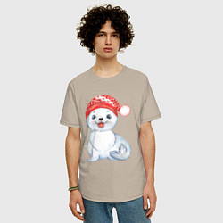 Футболка оверсайз мужская Новогодний тюлень, цвет: миндальный — фото 2