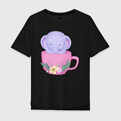 Футболка оверсайз мужская Милый слонёнок внутри чашки с цветами, цвет: черный