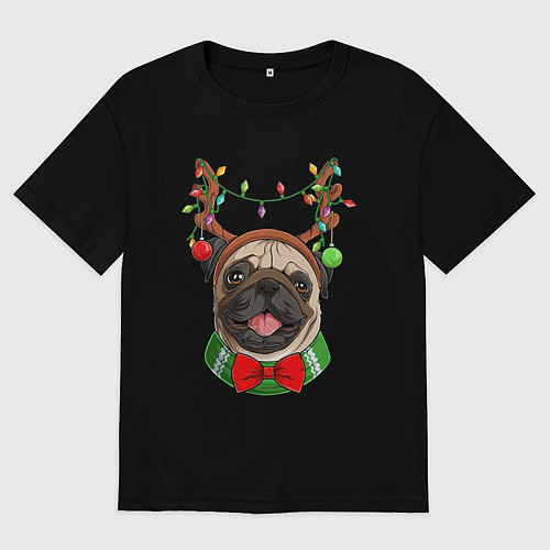 Мужская футболка оверсайз Новогодний мопс / Черный – фото 1