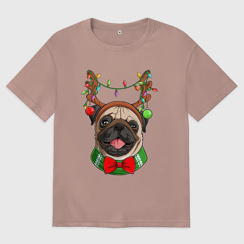 Мужская футболка оверсайз Новогодний мопс / Пыльно-розовый – фото 1