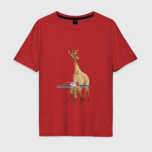 Мужская футболка оверсайз Жираф гладит утюгом одежду / Красный – фото 1