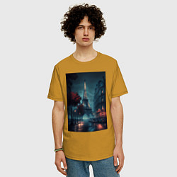 Футболка оверсайз мужская Нейросеть - Ночной Париж, цвет: горчичный — фото 2