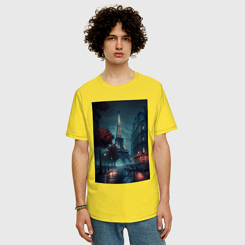 Мужская футболка оверсайз Нейросеть - Ночной Париж / Желтый – фото 3