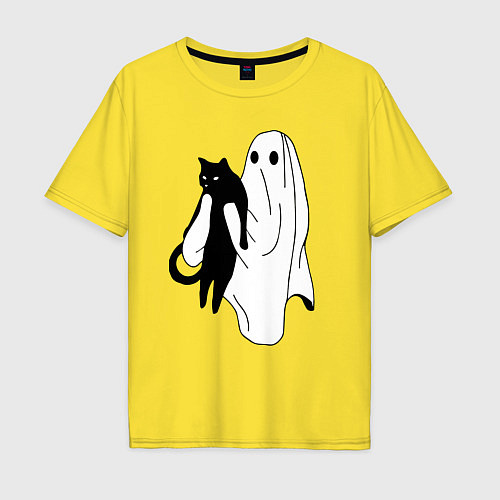 Мужская футболка оверсайз Призрак держит чёрного кота / Желтый – фото 1