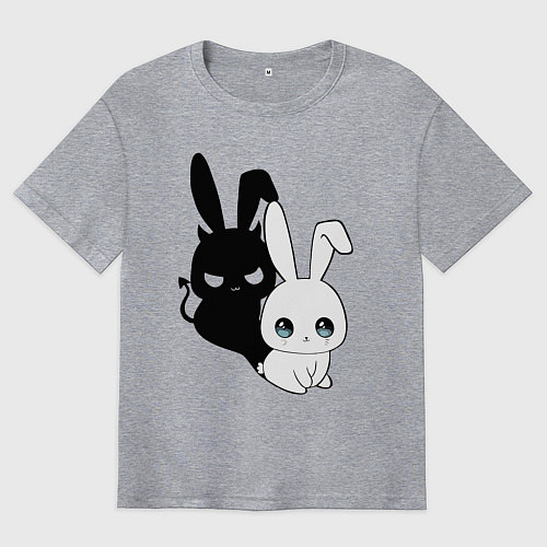 Мужская футболка оверсайз Милый кролик - ангелочек или дьяволёнок? / Меланж – фото 1