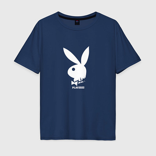 Мужская футболка оверсайз Черный кролик с надписью play2023 / Тёмно-синий – фото 1