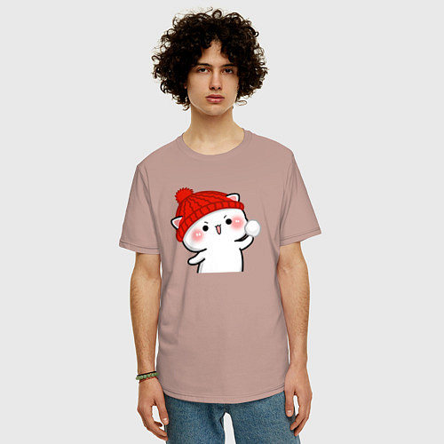 Мужская футболка оверсайз Игра в снежки - белый котик / Пыльно-розовый – фото 3