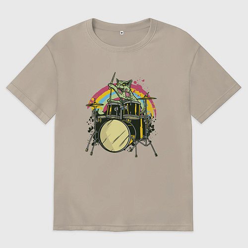 Мужская футболка оверсайз Зомби кот барабанщик / Миндальный – фото 1