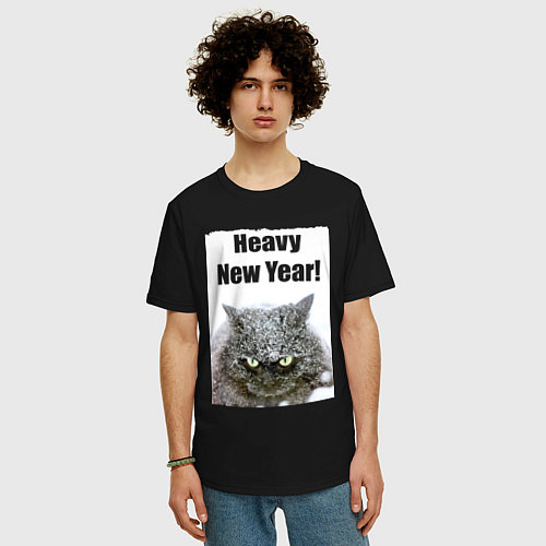 Мужская футболка оверсайз Heavy New Year - снег на морде / Черный – фото 3