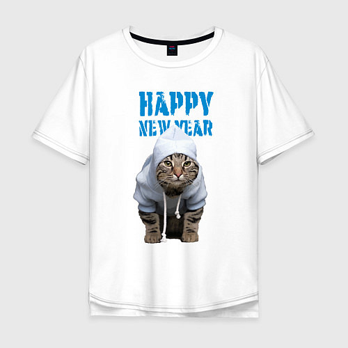 Мужская футболка оверсайз Happy New Year - Прикольный котик / Белый – фото 1