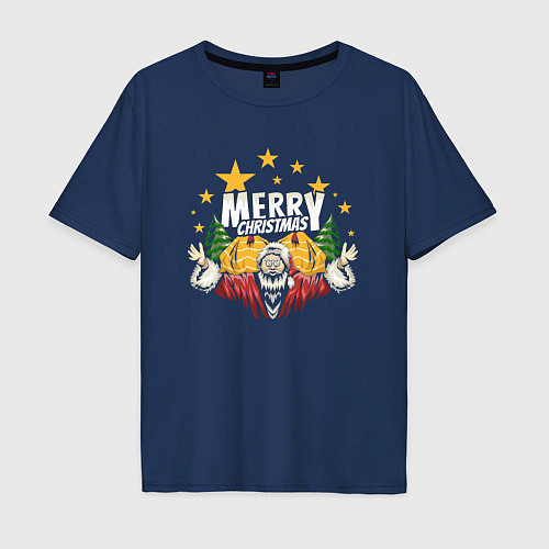 Мужская футболка оверсайз Merry Christmas Santa / Тёмно-синий – фото 1
