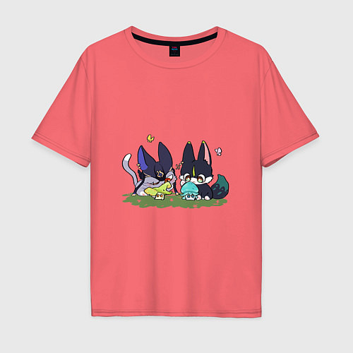 Мужская футболка оверсайз Котики Сайно и Тигнари / Коралловый – фото 1