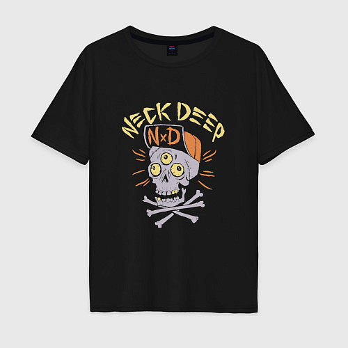 Мужская футболка оверсайз Neck Deep band панк рок - череп в кепке / Черный – фото 1