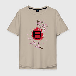 Мужская футболка оверсайз Цветущая сакура и красный круг с японским иероглиф