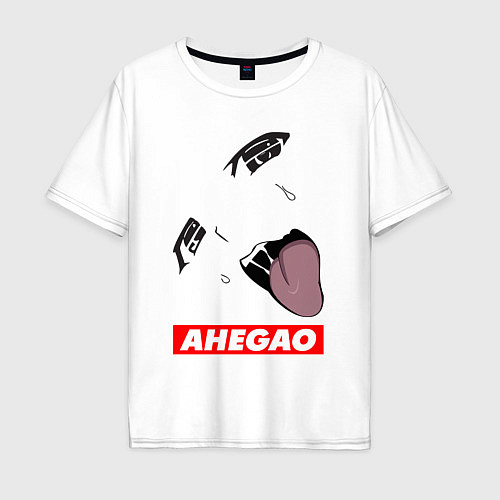 Мужская футболка оверсайз Лицо ахегао с красным логотипом / Белый – фото 1