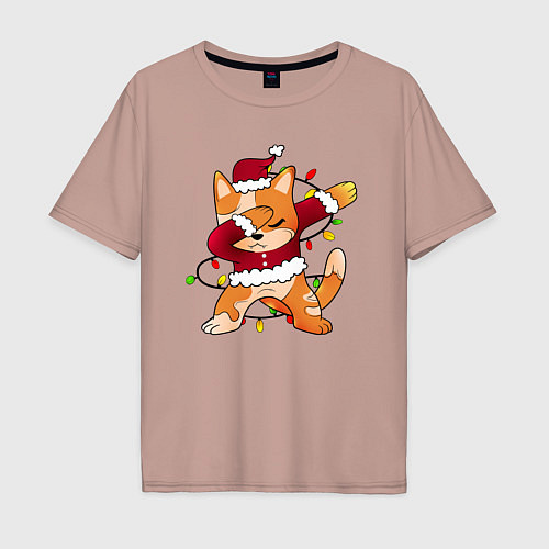 Мужская футболка оверсайз Котик в костюме Санты / Пыльно-розовый – фото 1