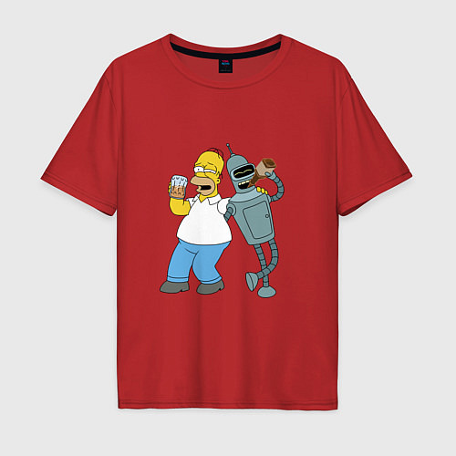 Мужская футболка оверсайз Drunk Homer and Bender / Красный – фото 1