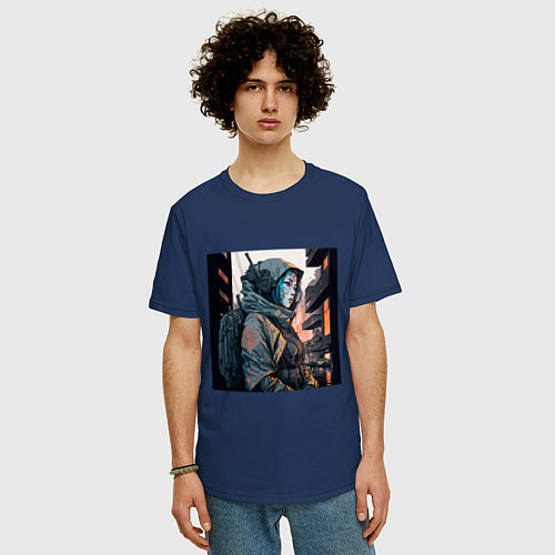 Мужская футболка оверсайз Cyberpunk samurai Japan girl / Тёмно-синий – фото 3