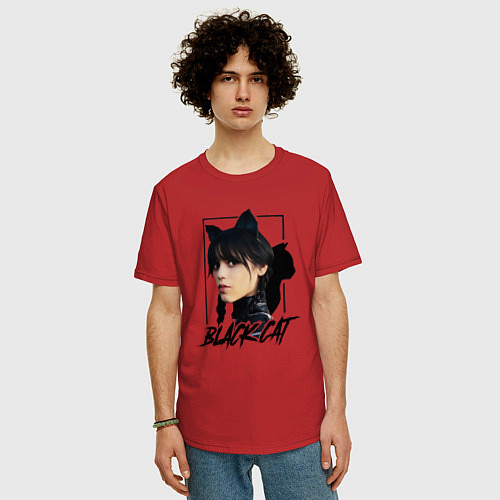 Мужская футболка оверсайз Wednesday Black cat / Красный – фото 3