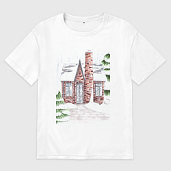 Мужская футболка оверсайз Зимний домик в снегу