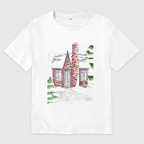 Мужская футболка оверсайз Зимний домик в снегу / Белый – фото 1