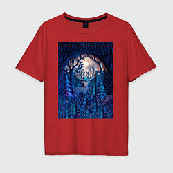 Мужская футболка оверсайз Объемная иллюстрация из бумаги лес и олень на сине