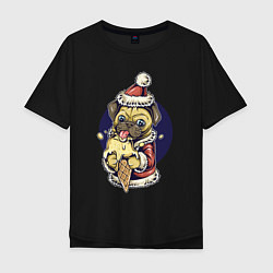 Мужская футболка оверсайз Новогодний мопс с мороженым