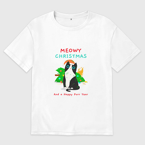 Мужская футболка оверсайз Meowy christmas and a happy purr year holiday / Белый – фото 1