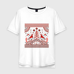 Мужская футболка оверсайз Лошади и птицы - мезенская роспись