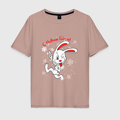 Мужская футболка оверсайз Подмигивающий кролик в снежинках / Пыльно-розовый – фото 1