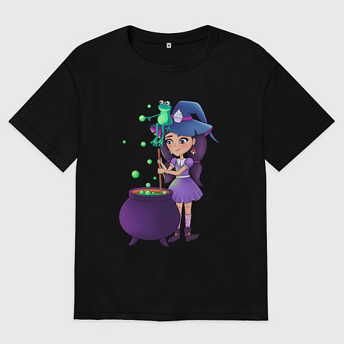 Мужская футболка оверсайз Милая Девочка ведьма варит зелье в котле / Черный – фото 1
