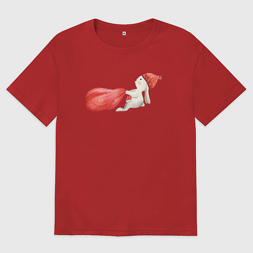 Мужская футболка оверсайз Маленький зайчик тащит мешок с подарками / Красный – фото 1