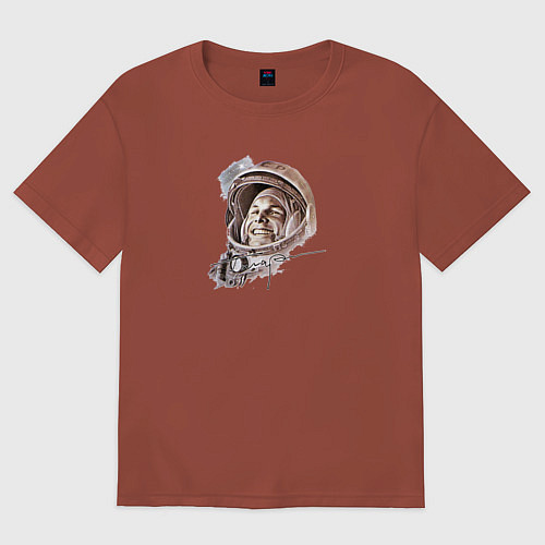 Мужская футболка оверсайз Юрий Гагарин с автографом / Кирпичный – фото 1